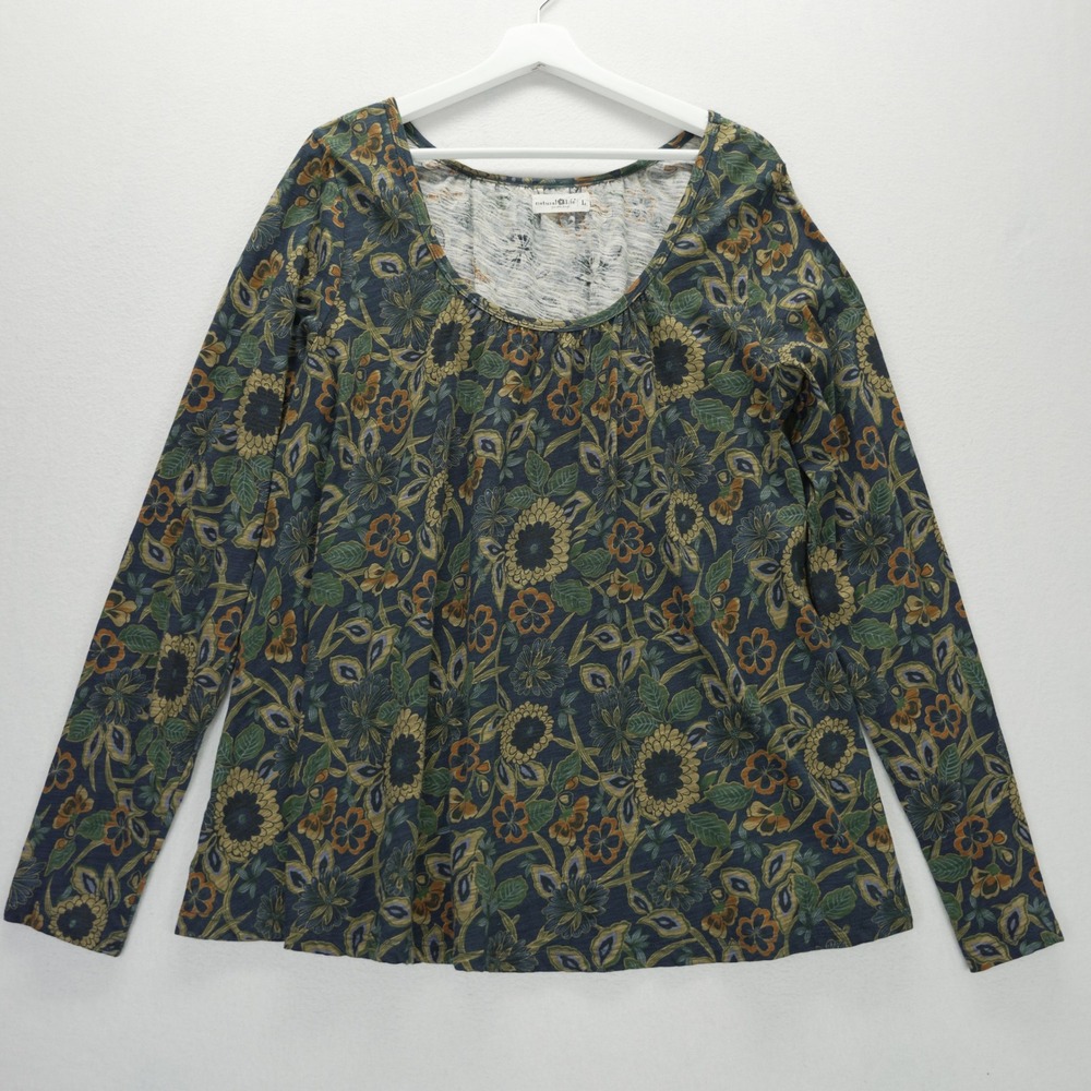 Natural Life Iris Womens L Floral Long Sleeve Cotton Top Navy Blue‎ Boho